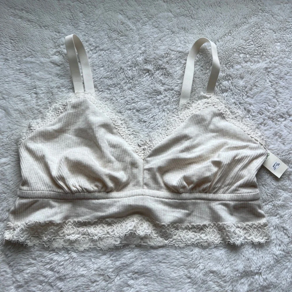 Aerie Ribbed Lace Trim Bralette Cream Wireless Longline XL 069-2694-3329 NWOT